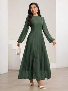 Veilorie Vestido elegante de cuello alto de 3/4 de manga con cintura fruncida, versátil y encantador - Verde militar - Ver 7