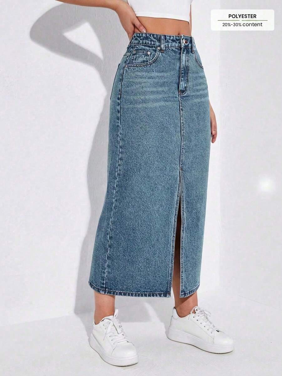 SHEIN ICON 纯色开衩至大腿斜插口袋休闲牛仔迷你裙 - 藍色 - 查看 1