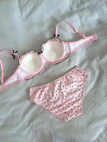 Napfluff Set Bra Push-Up Setengah Cup Motif Polkadot Pink & Hitam dengan Pita untuk Wanita - Coral Pink - View 2