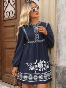Brillora Women's Floral Print Button Design Lantern Sleeve Short Dress For Vacation, BOHO, Geometric Puff Babydoll Mini Navy Blue Floral Autumn - Navy Blue - View 7