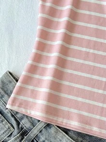 SHEIN Tween女孩條紋拼接配色休閒百搭日常T恤 - 粉色 - 查看 4