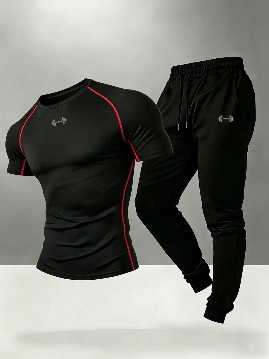Gym Rark Men's Barbell Print Raglan Short Sleeve T-Shirt And Pants Sports Set - Black - View 1