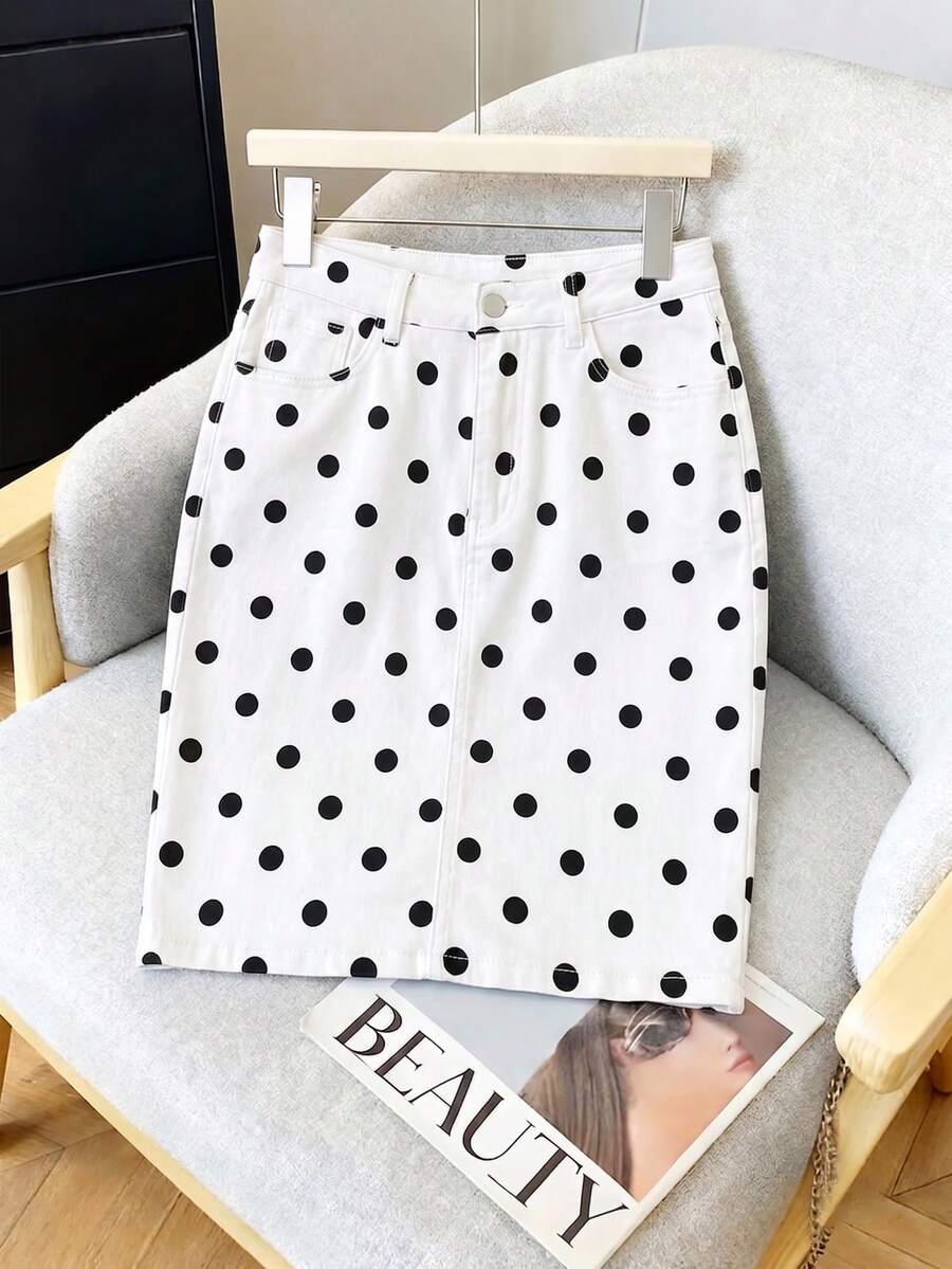 GlowEve Women's Polka Dot Pocket Casual Versatile Daily Denim Skirt - Black and White - View 1
