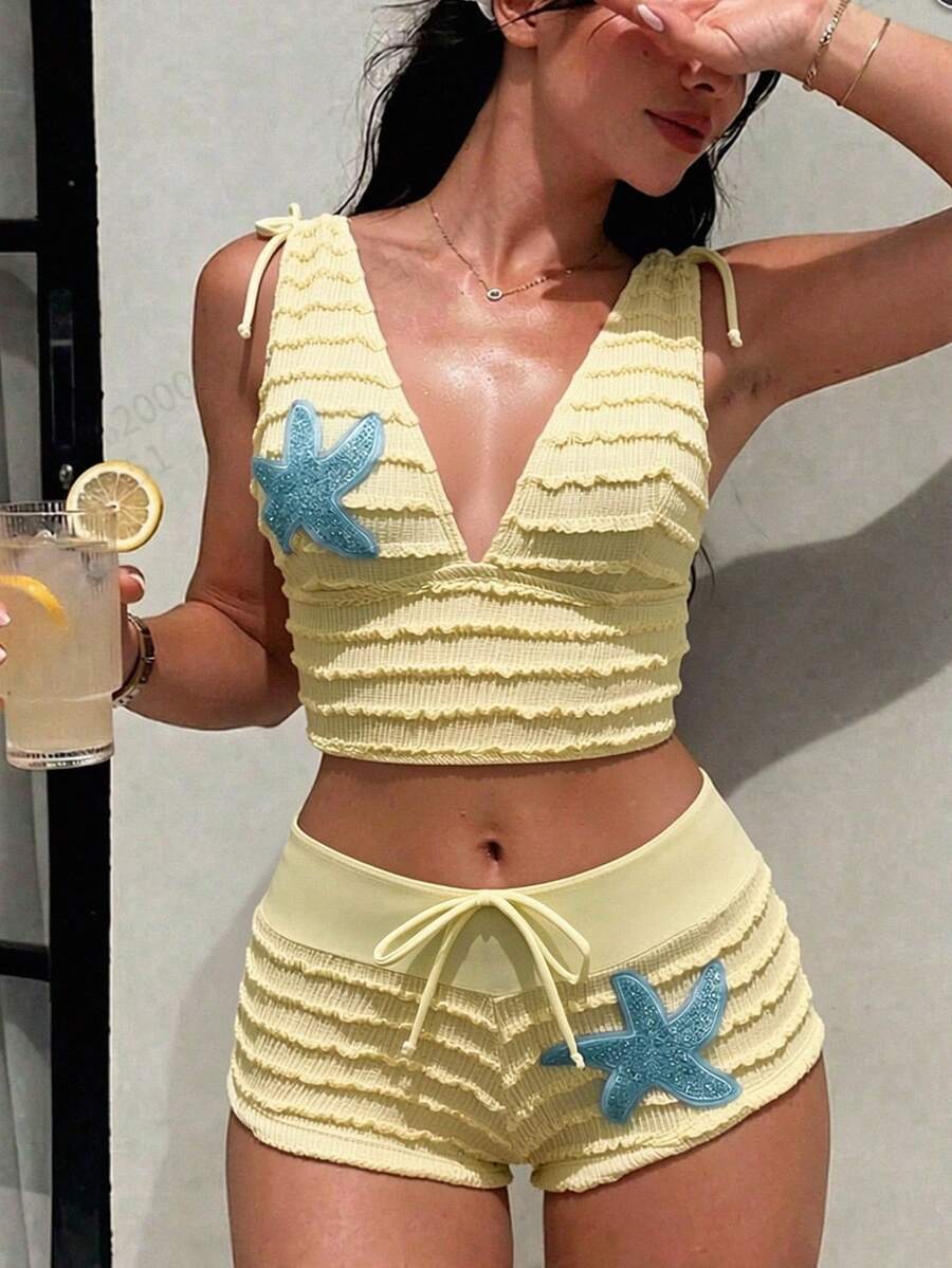 Swim SXY 女款休閒度假海灘派對優雅特殊面料純色黃色背心上衣 & 比基尼 2 件式泳衣套裝新風格 - 鵝黃色 - 查看 1