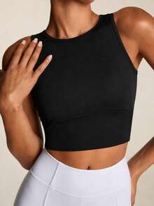 SHEIN BAE Solid Cut Out Back Sports Tank Top Fitted Shirt - Black - View 4