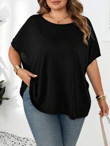 SHEIN CURVE+ Plus Size Women's Solid Color Twist Back Lace Trim Design Round Neck Short Sleeve Casual Elegant T-Shirt Going Out Black Summer - Black - View 2
