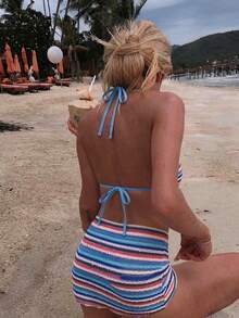 Swim SXY 女款夏季海灘拼色掛脖綁帶性感比基尼三角褲兩件式泳衣套裝附迷你裙 - 彩色 - 查看 2
