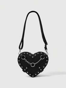 ROMWE Grunge Punk Women's PU Slanted Shoulder Love Skull Rivet Chain Punk Fashion Shoulder Bag - Black - View 1