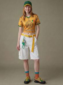 Elnivra 2026 Football World Cup Portugal Soccer Jersey Women's Cropped Green And Yellow Print T-Shirt Summer Streetwear Casual Retro Everyday Going Out - Yellow - View 5