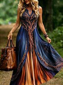 Linhara CURVE Plus Size Women's Vintage Tree Of Life Print Notched Neck Sleeveless Maxi Dress, Loose Casual Bohemian Long Dress, Mysterious Navy Blue To Burnt Orange Gradient Dress, Elegant Gothic Style Flowy Long Dress For Autumn And Halloween - Multicolor - View 1