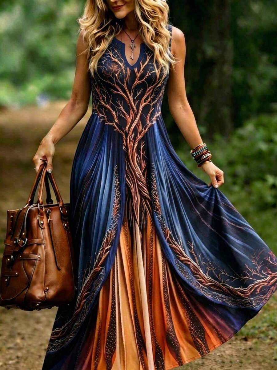 Linhara CURVE Plus Size Women's Vintage Tree Of Life Print Notched Neck Sleeveless Maxi Dress, Loose Casual Bohemian Long Dress, Mysterious Navy Blue To Burnt Orange Gradient Dress, Elegant Gothic Style Flowy Long Dress For Autumn And Halloween - Multicolor - View 1