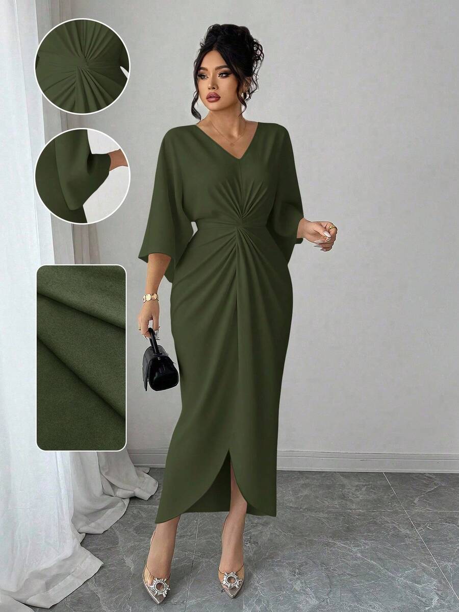 Elenzga Gaun Bodycon Leher V Ukuran Besar dengan Pinggang Ramping - Hijau Tentara - View 1