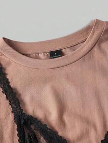 SHEIN MOD 蕾絲 2 合 1 時尚短袖休閒優雅性感短洋裝，黑色花卉，適合夏季夜晚外出、約會之夜、萬聖節、返校季 - 棕色 - 查看 5