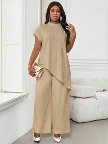 SHEIN Lady Plus Size Women's High Neck Short Sleeve Asymmetrical Hem Top - Apricot - View 6