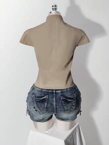 SHEIN ICON 女款大尺碼復古優雅性感時尚休閒雙排扣立領泡泡袖奶油色夏季風衣夾克 教師節辦公穿搭 - 卡其色 - 查看 3