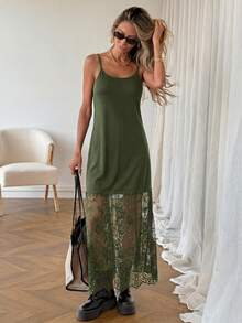 Easowa 女款優雅休閒度假蕾絲拼接細肩帶洋裝 性感深綠色夏季度假風 - 軍綠色 - 查看 2