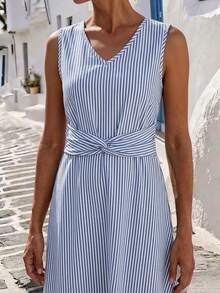 Breezaya Plus Size Women V-Neck Striped Casual Party & Travel Dress - Rust Brown - View 4