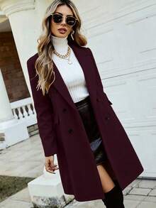 SHEIN LUNE 秋冬時尚雙排扣大衣 - 酒紅色 - 查看 1