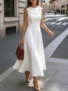 Pariaura Women's Premium White Sleeveless Dress, Versatile For Daily Commute Office Tea Party, Outings And Dates Teachers' Day Wedding Summer French Elegant - Beige - View 6