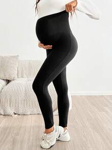 SHEIN Maternity Casual Soft Form Versatile Solid Color High Waist Leggings, Summer, Black Work Photoshoot Gender Reveal Party - Black - View 5