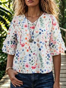 Linhara CURVE Plus Size Women's Floral Bow V-Neck Ruffle Loose Short Sleeve Blouse, Spring/Summer Fashion Versatile White Boho Business Casual Vacation - Multicolor - View 3