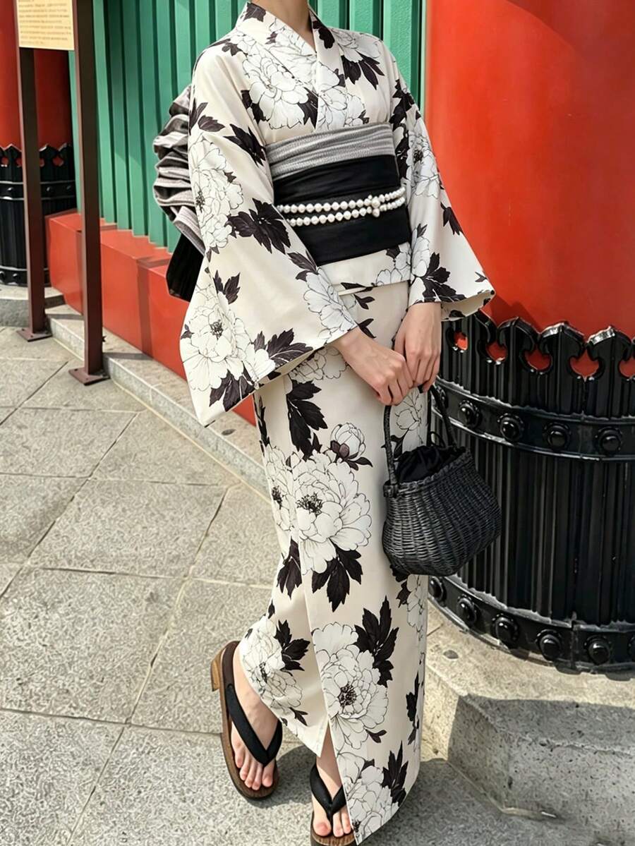 Irokai Japanese Traditional Kimono Khaki Base Peony Floral Pattern Women's Modified Two Pieces Set Japanese Yukata Outfit - Multicolor - View 1