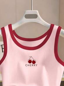 Resyla Women's Contrast Trim Round Neck Ribbed Tank Top Cherry Letter Print Sweet Casual Sleeveless Summer - Multicolor - View 3