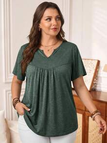 Rosumi Plus Size Summer Casual Solid Color Notched Neck T-Shirt - Green - View 9