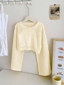 SHEIN Suéter de manga larga con cuello redondo hueco de unicolor para niña preadolescente - Albaricoque - Ver 5