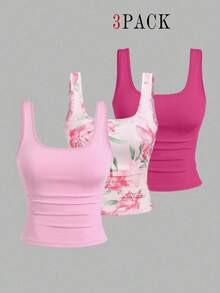 EMERY ROSE 3pcs Plus Size Women's Casual Solid Color & Full Printed Pattern Sleeveless Vest Set, Summer - Multicolor - View 1