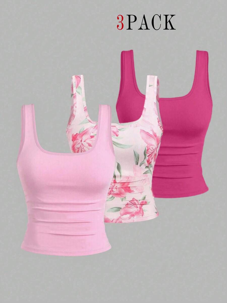 EMERY ROSE 3pcs Plus Size Women's Casual Solid Color & Full Printed Pattern Sleeveless Vest Set, Summer - Multicolor - View 1