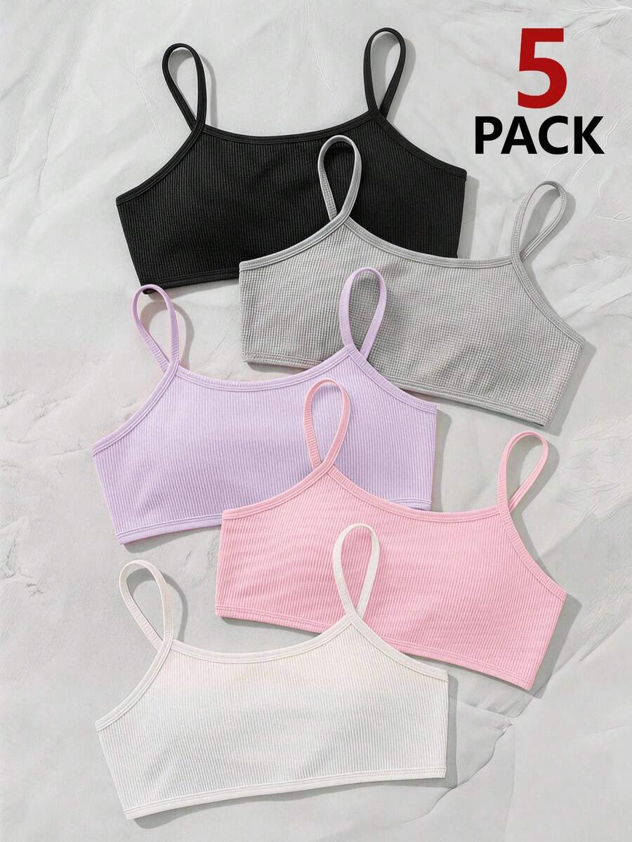 Girlism Tween Girl Tween Girls Undershirt 5pcs Spring/Summer New Knit Ribbed Multi-Color Solid Simple Soft Skin-Friendly Children Student Puberty Innerwear 5-Piece Set, Autumn/Winter Layering - Pink - View 1