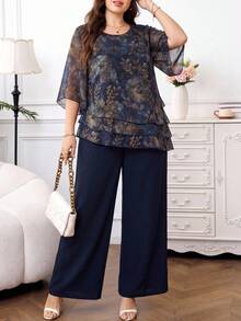 Reflora Plus Size Women's Round Neck Floral Print Top And Pants Casual Daily 2-Piece Set - Blue - View 10