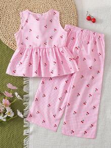 SHEIN Vintaside Kids 女童两件套：无袖樱桃印花上衣，饰有3D钩编樱桃图案，搭配宽松阔腿裤，适合休闲、海滩、度假、夏季穿着。 - 粉色 - 查看 3