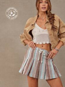WESTFADE Draw-Cord Waist Pleated Cotton Blend Multi Stripe Mini Skirt ...