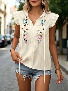 SHEIN LUNE Blusa De Cuello Con Lazo Y Volantes En Agujero Para Brazo, Bordado Con Flores - Albaricoque - Ver 6