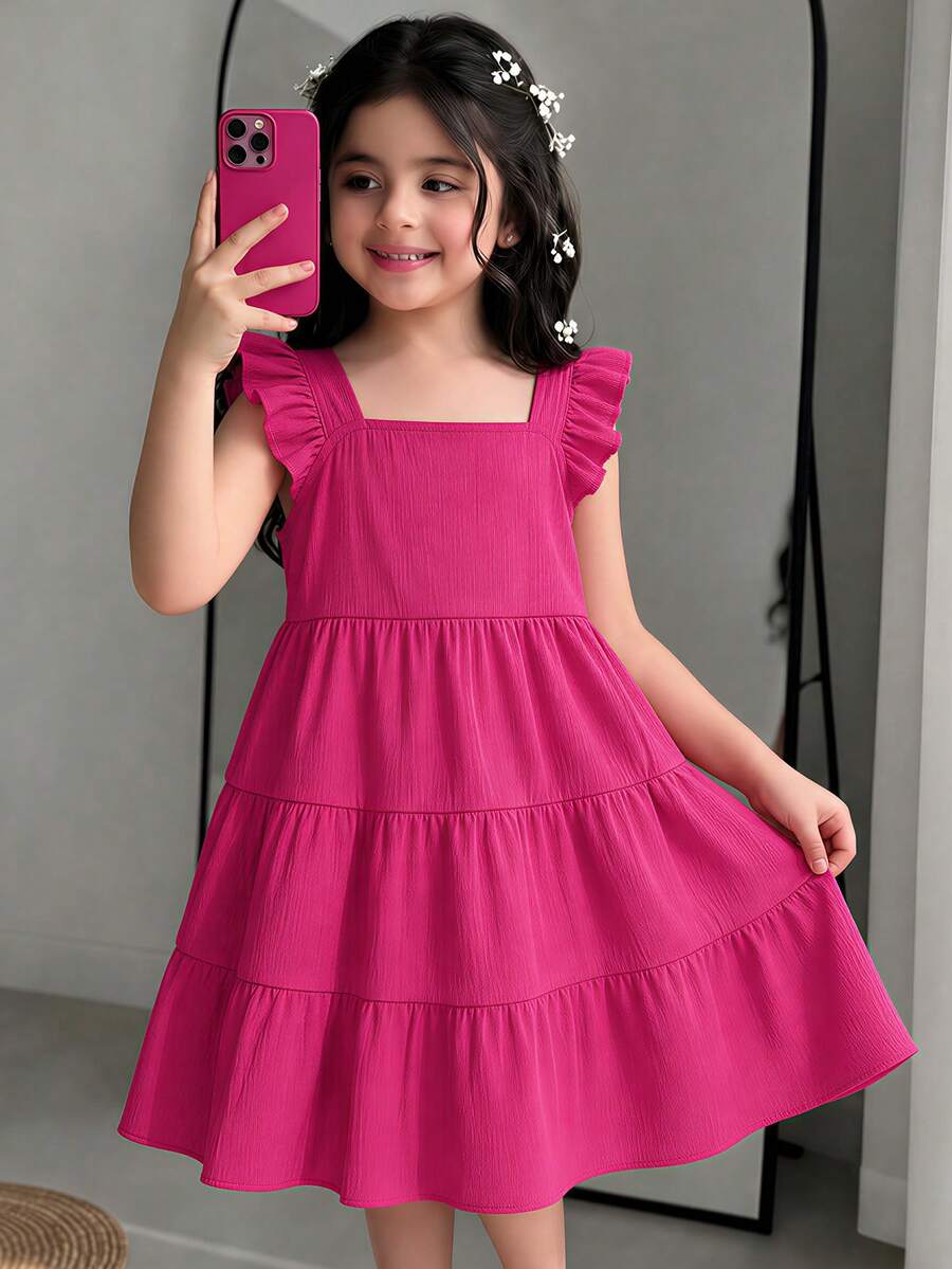 SHEIN Elladie kids 少女休閒假日層疊蛋糕荷葉圓環領洋裝 - 玫紅色 - 查看 1
