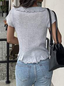 Yunfilé Lightweight Ruffled Hem Knit Cardigan, Summer Brunch Daytime Grey Casual - Grey - View 2