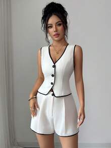 SHEIN Clasi 2026 Spring/Summer Women's Black And White Colorblock Sleeveless Blazer Vest + Wide Leg Shorts Suit Set Teachers' Day Brunch Business Casual - Apricot - View 4