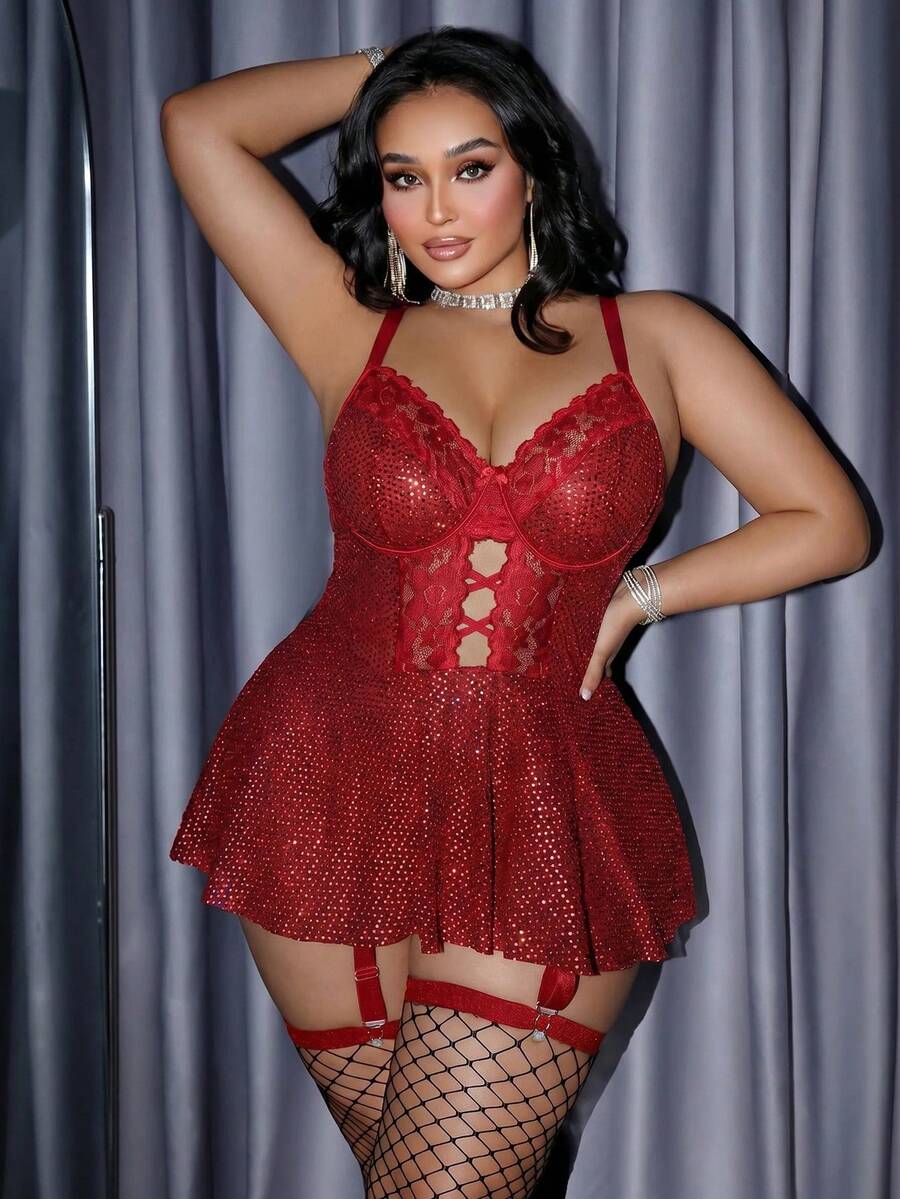 MidnightGlam Plus Size Women's Glamorous Sequin Lace Patchwork Corset Bodycon Spaghetti Strap Dress 3pcs Set - Red - View 1