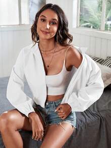 SHEIN Frenchy Zip Up Drop Shoulder Jacket In Autumn Going Out Travel White Basic Casual - White - View 3
