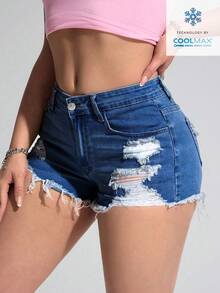 Jeanoix Summer Casual Distressed Denim Shorts - Dark Wash - View 4