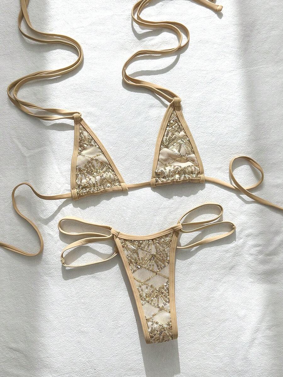 Swim SXY 2件式比基尼套裝,春夏海灘度假,亮片紋理面料,掛脖三角上衣與側邊雙繩丁字褲下裝,性感女款泳衣 - 金色 - 查看 1