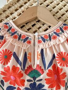 Babygirl Casual Cute Floral Pattern Ruffle Hem Long Sleeve Dress - Apricot - View 9
