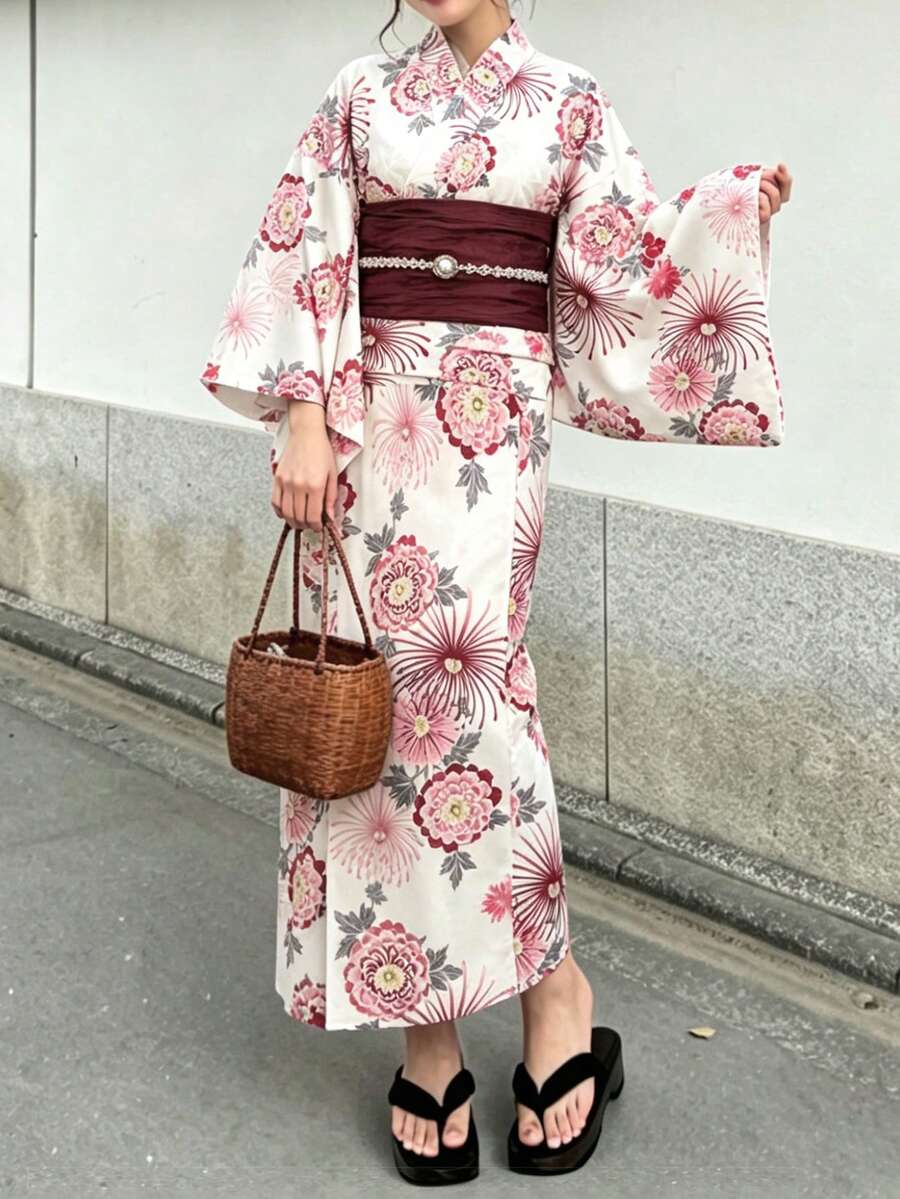 Irokai 日式傳統夏季女款兩件式浴衣和服,花卉印花(不含腰帶) - 粉色 - 查看 1