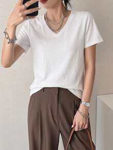Dazy-Less Summer Casual Versatile Solid Color Short Sleeve T-Shirt - White - View 3