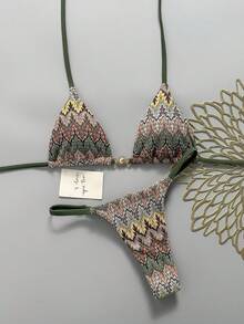 Swim Mod 女款 26SS 春夏新款鉤編布料 V 領露背三角比基尼套裝，2 件式海灘度假泳衣 - 綠色 - 查看 4