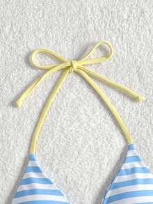 Elavelle Blue White Stripe Halter Bikini Top With Pale Yellow Trim - Multicolor - View 6