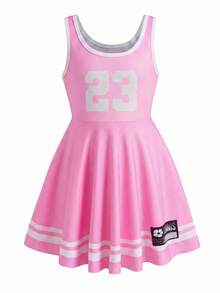 SHEIN Young Girl Knitted Numeric Pattern Camisole Dress, Casual Sportswear - Pink - View 6