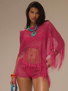Musera Resort Pink Crochet Knit Side Fringed Detail Mini Short - Hot Pink - View 6